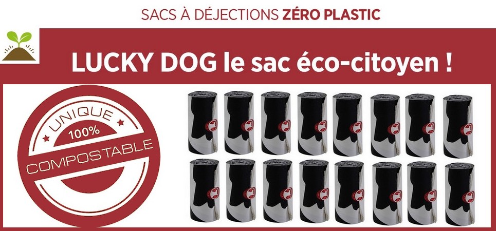 Les sacs ZERO PLASTIC de LUCKY DOG sont entièrement faits à partir de cosses de maïs (sans OGM). Se dégradant en moins de 6 mois, ils ne laissent aucun résidu polluant. Un geste citoyen et responsable.